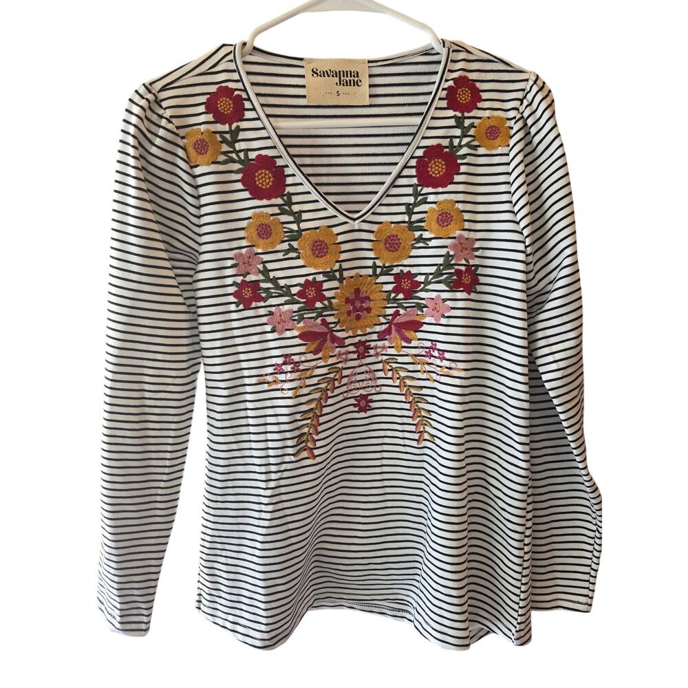Savanna Jane Cottage Core Long Sleeve Top S Womens Embroidered V Neck Striped